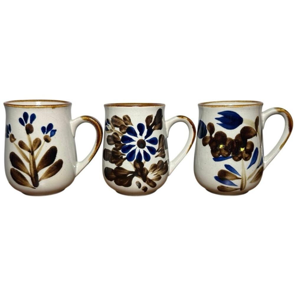 Vintage Hand Painted Stoneware Coffee Mugs Set of 3 Variety Blue Floral Japan